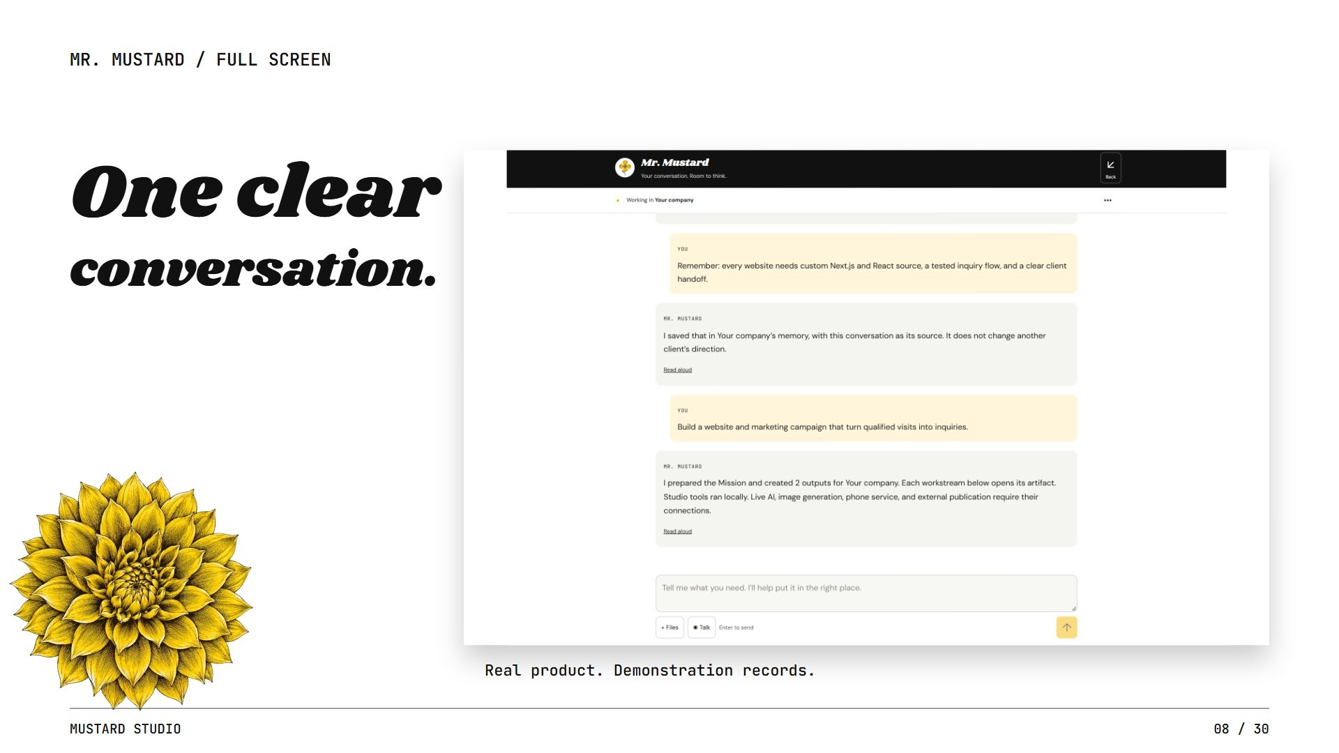 The full-screen Mr. Mustard conversation inside Mustard Studio, framed by engraved flowers and bold black, white, and mustard typography.
