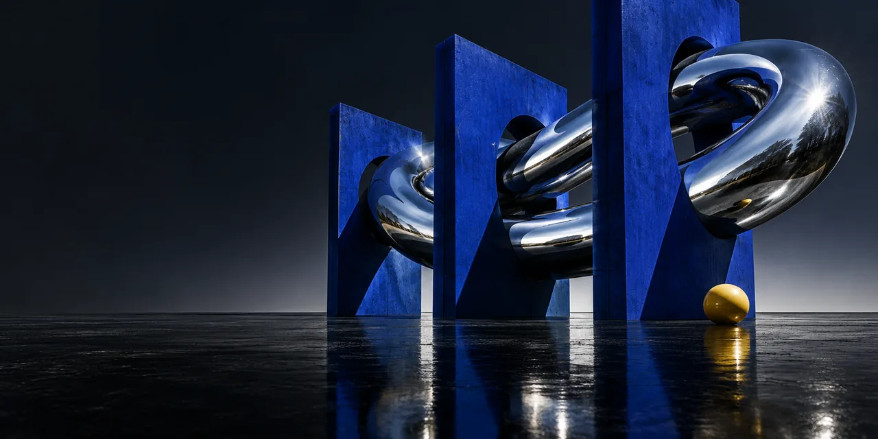 Polished chrome loop through cobalt architectural slabs, the original artwork behind the Orbit Bureau direction.
