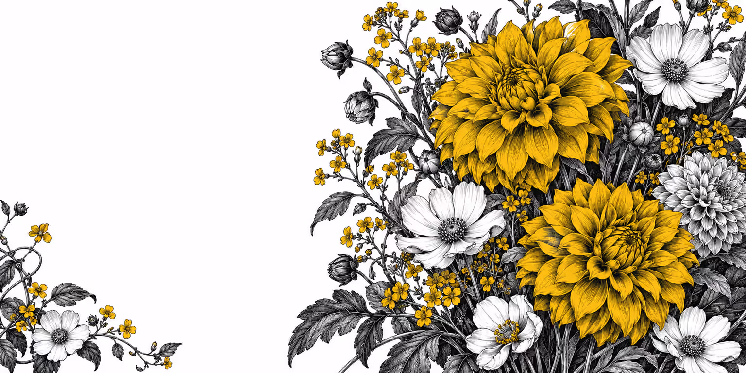 Black and white engraved dahlias with rich mustard flowers, the Mustard Studio botanical identity.