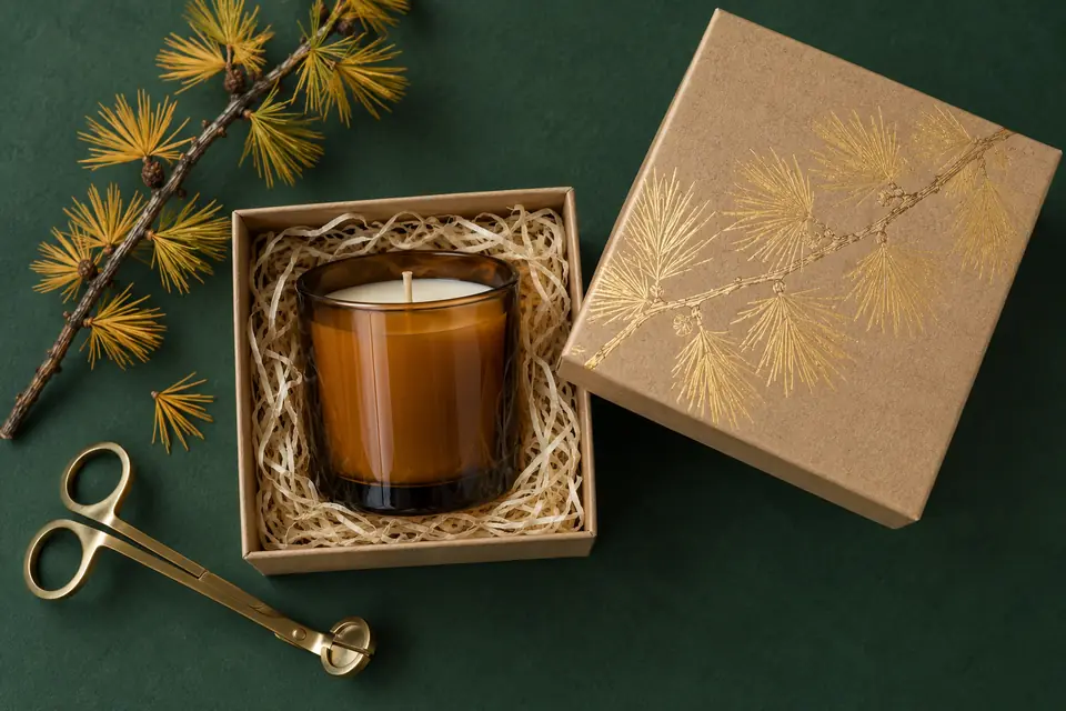An amber candle nested in paper straw inside a kraft box, the lid printed with a gold larch bough, on dark green with a larch branch and a brass wick trimmer.