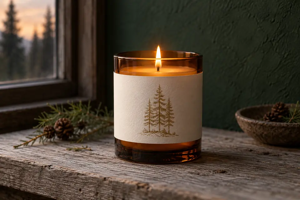 A lit candle in amber glass with a cream paper label, on a weathered wooden sill against a deep green wall.