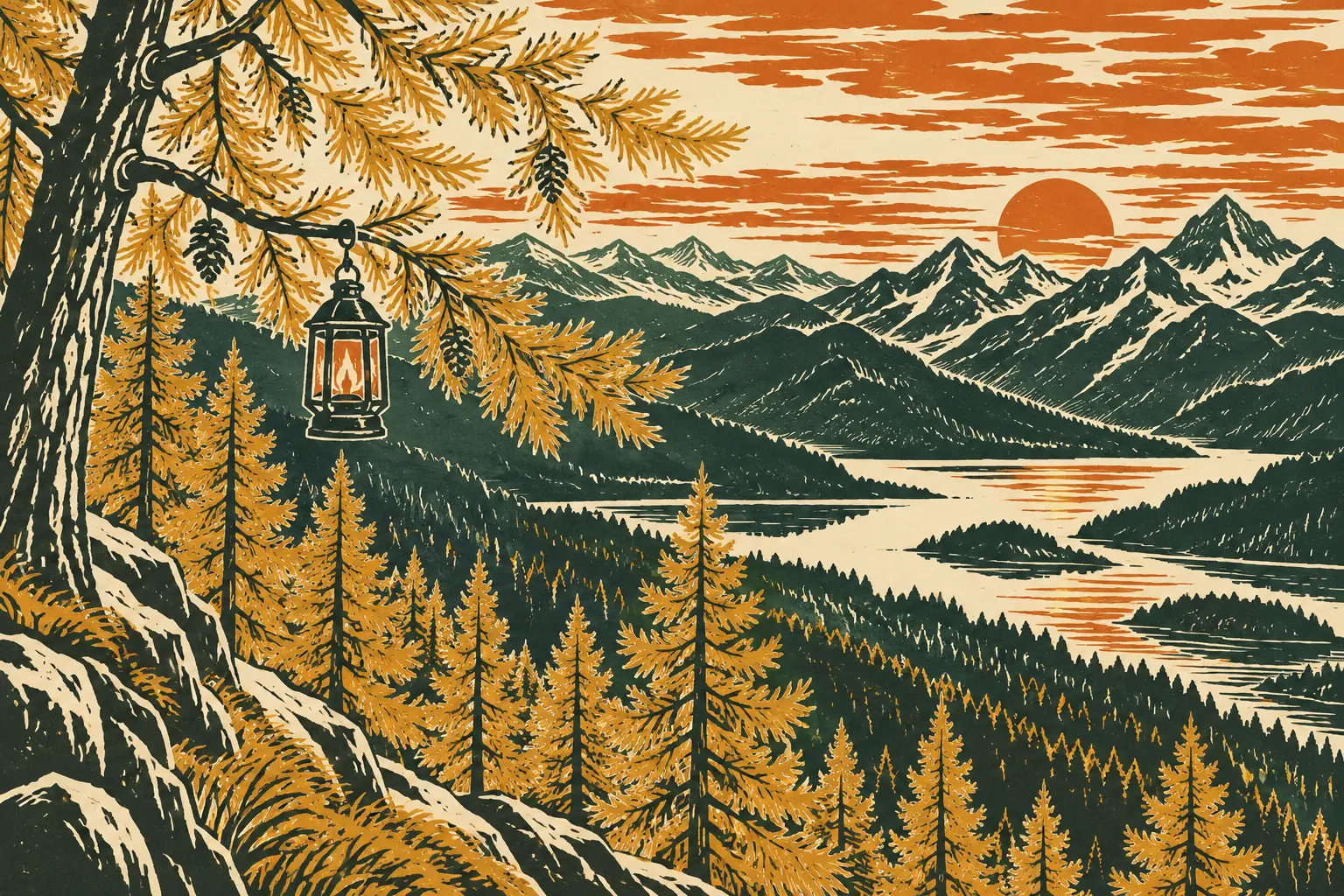Linocut print of golden larches at dusk above a mountain lake, an ember sky, and a lantern glowing from a larch branch.