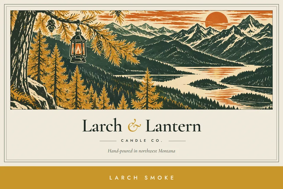 The flat Larch & Lantern candle label: a linocut of golden larches, a glowing lantern and mountains at dusk above the wordmark and a gold scent band.