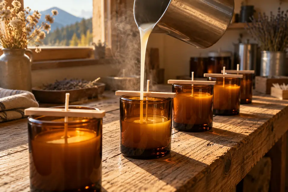 Wax pouring from a steel pitcher into a row of amber glass jars on a sunlit workshop bench, mountains in the window.