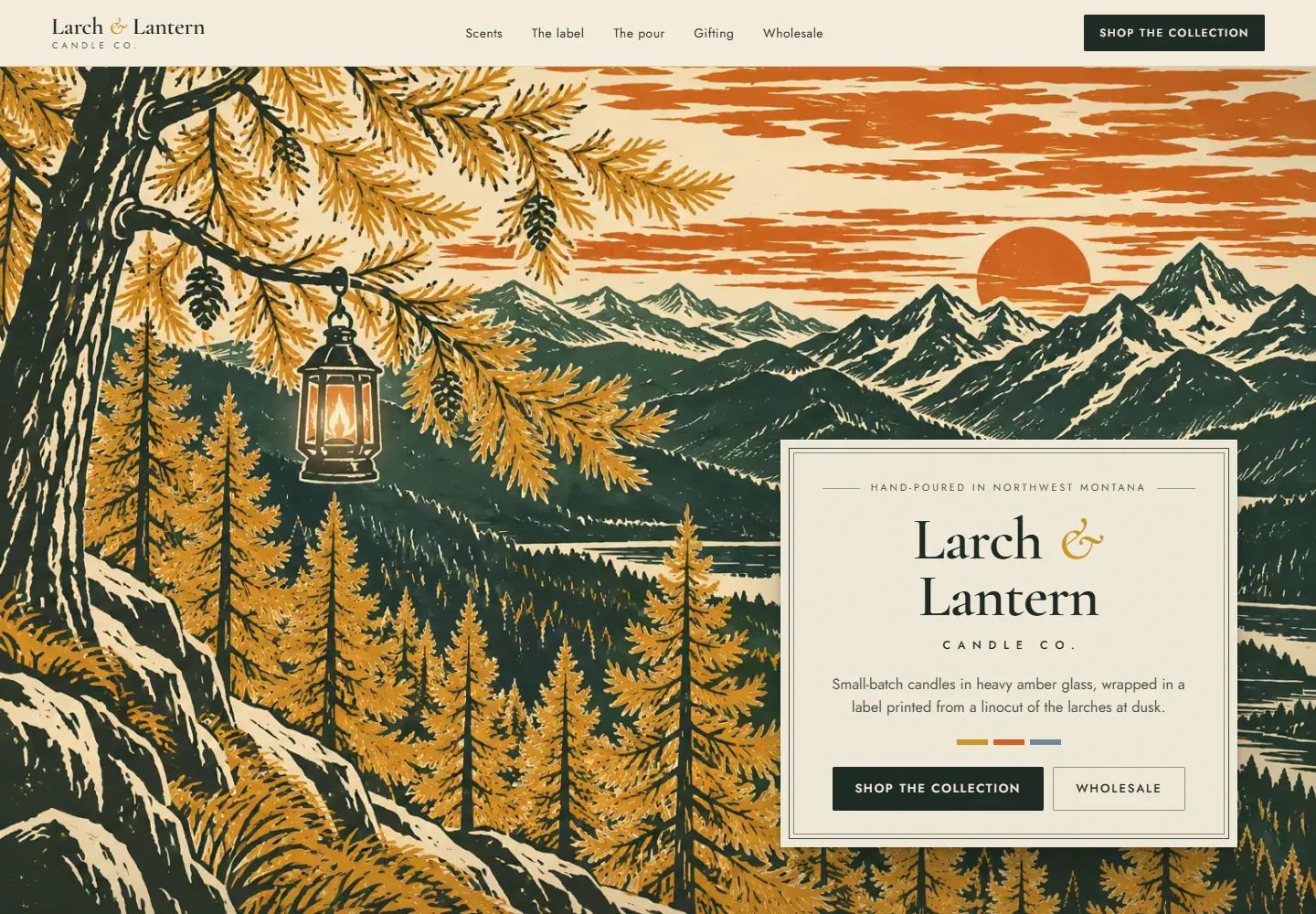 The Larch & Lantern website concept: the linocut fills the screen and a cream label panel carries the wordmark and the three scent colors.