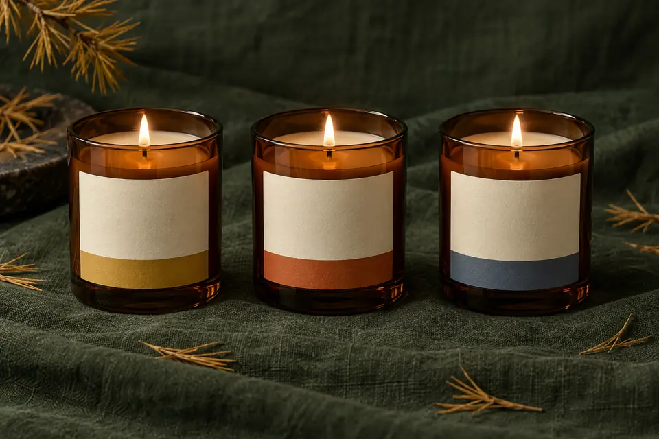 Three lit candles in amber glass on dark green linen, their labels banded in larch gold, ember orange and smoke blue.