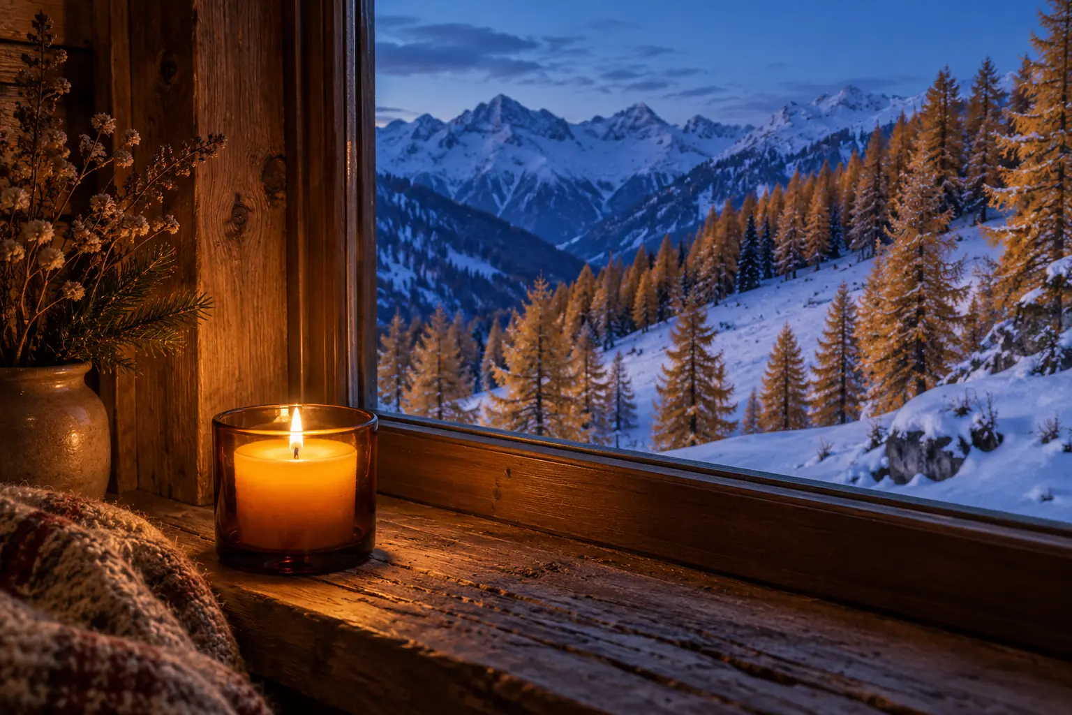 A candle burning in amber glass on a cabin sill, snowy mountains and golden larches outside at blue hour.